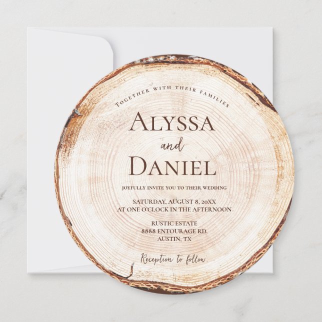 Invitation Rustic Wood Slice Editable Wedding (Devant)