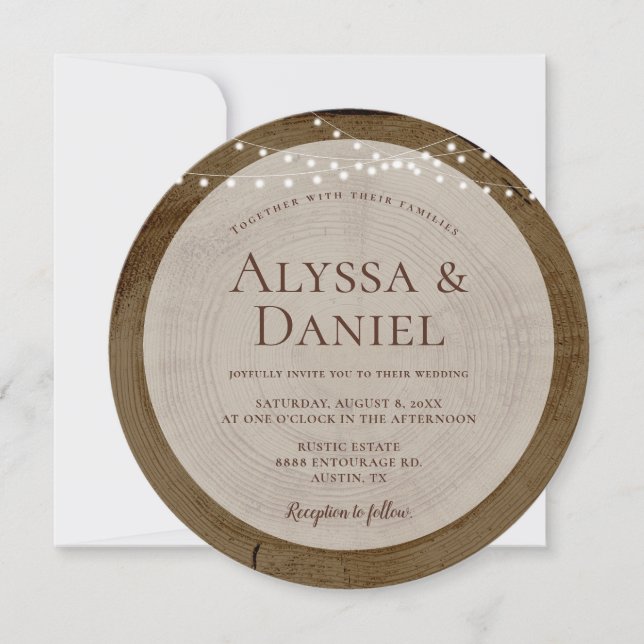 Invitation Rustic Wood Slice String Lights country Wedding (Devant)