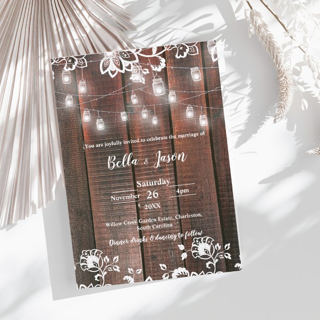 Invitation Rustic Wood String Light Barn Lace Country Wedding (Rustic Wood String Lights Wedding Invitation | Barn Lace Wood Country Wedding Invite)