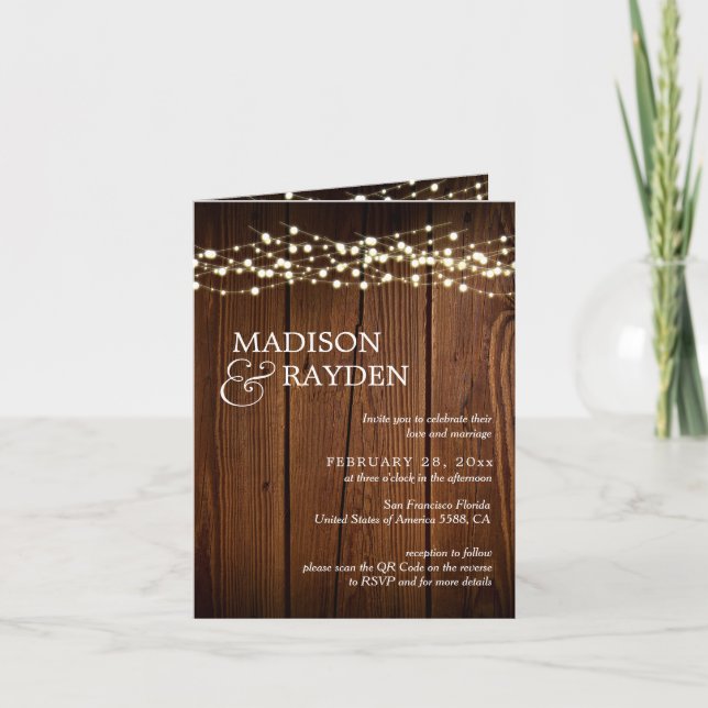Invitation Rustic Wood String lights 3 Photos QR Code Wedding (Devant)