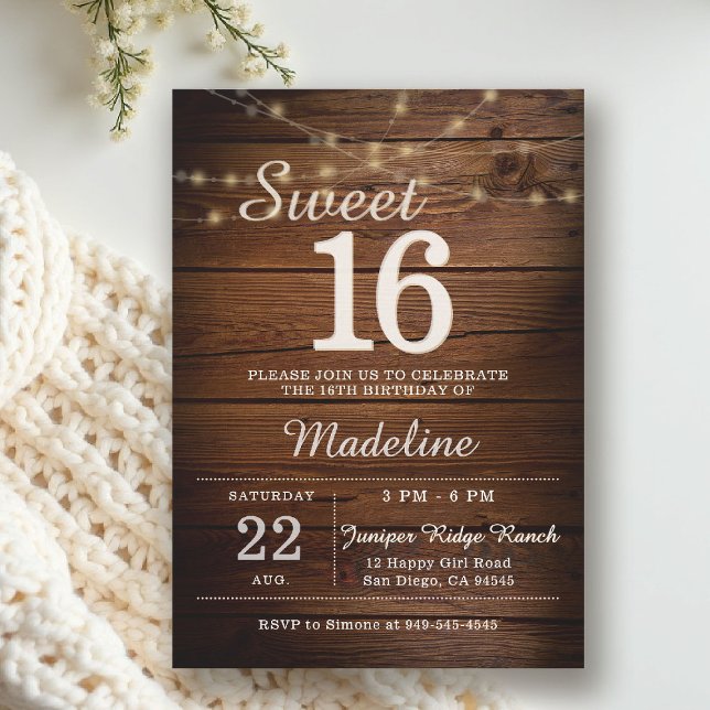 Invitation Rustic Wood String Lights Barn Backyard Sweet 16 (rustic sweet 16 birthday party invitation barn wood string lights backyard outdoors cowboy western)