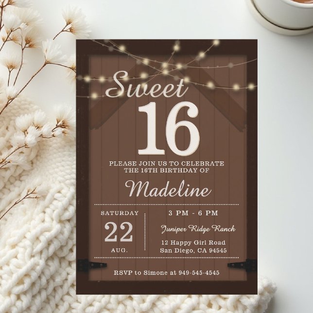 Invitation Rustic Wood String Lights Barn Door Chic Sweet 16 (rustic sweet 16 birthday party invitation barn door wood string lights backyard outdoors cowboy west)
