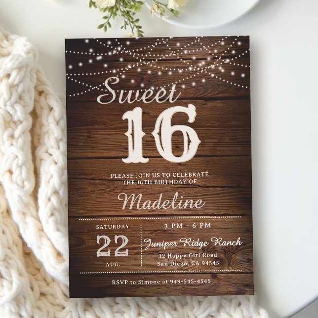 Invitation Rustic Wood String Lights Barn Elegant Sweet 16 (rustic sweet 16 birthday party invitation barn wood string lights backyard outdoors cowboy type)