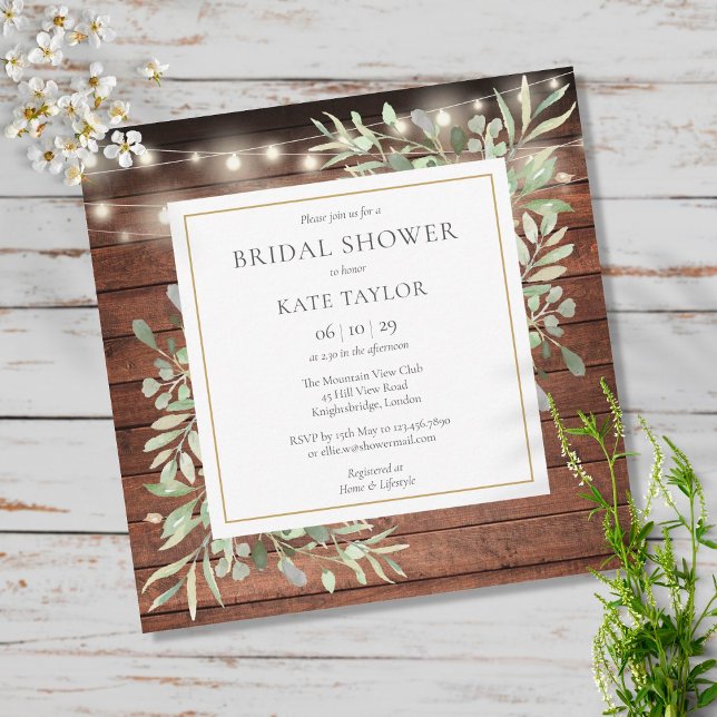 Invitation Rustic Wood String Lights Greenery Bridal Shower (Créateur téléchargé)