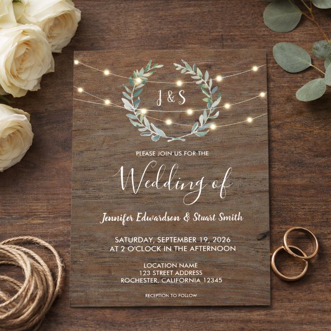Invitation Rustic wood string lights monogram country Wedding (Rustic wood string lights monogram country Wedding Invitation. For your rustic wedding.)