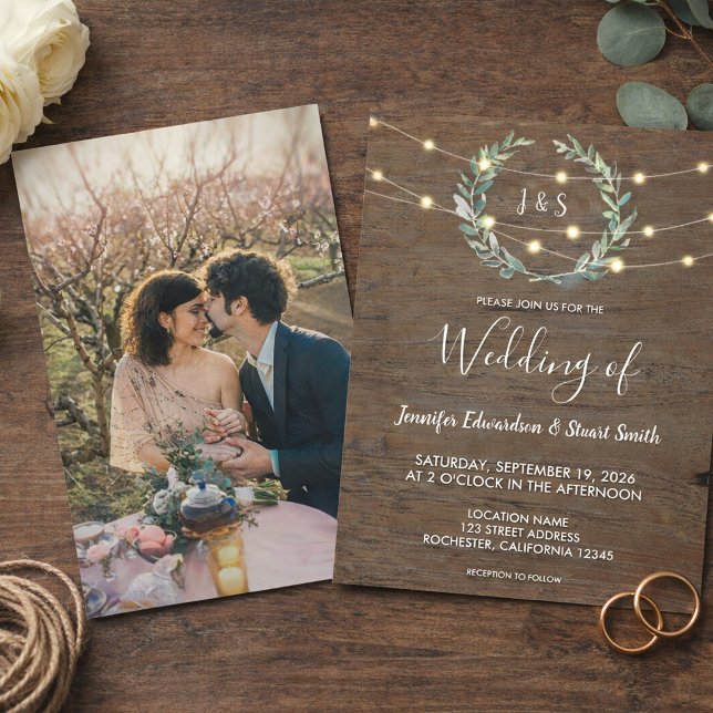 Invitation Rustic wood string lights monogram photo Wedding (Rustic wood string lights monogram photo Wedding Invitation. For your rustic country wedding.)