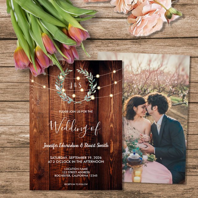 Invitation Rustic wood string lights monogram photo Wedding (Rustic wood string lights monogram photo Wedding Invitation. For your rusic country wedding.)