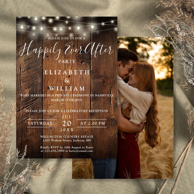 Invitation Rustic Wood String Lights Photo Wedding Reception (Rustic Wood String Lights Photo Wedding Reception Invitation)