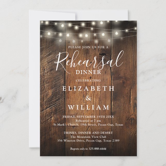 Invitation Rustic Wood String Lights Wedding Rehearsal Dinner (Devant)