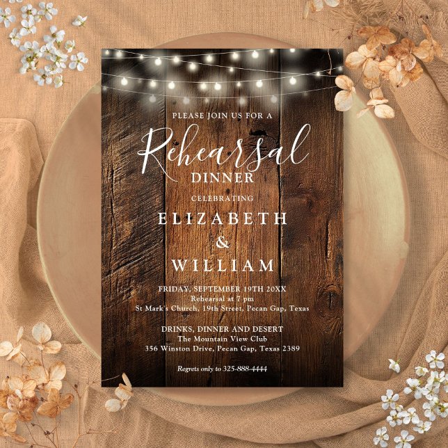 Invitation Rustic Wood String Lights Wedding Rehearsal Dinner (Rustic Wood String Lights Wedding Rehearsal Dinner Invitation)