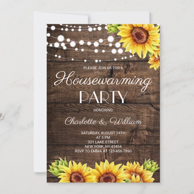 Invitation Rustic Wood Sunflower Housewarming Party (Devant)