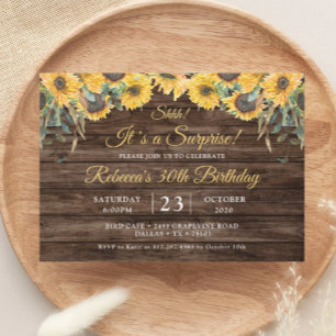 Invitation Rustic Wood Sunflower Surprise fête d'anniversaire