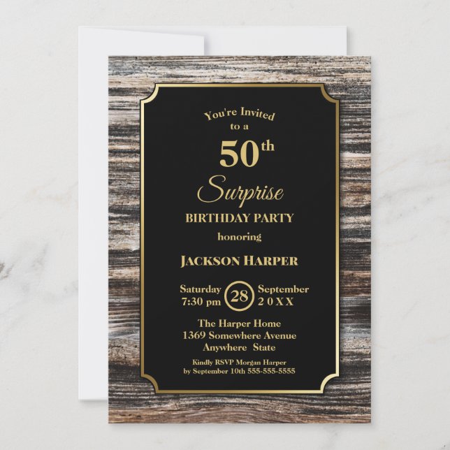 Invitation Rustic Wood Surprise 50e anniversaire fête (Devant)