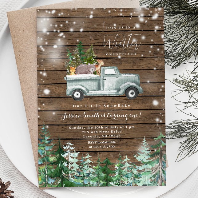 Invitation Rustic Wood Truck Winter Onederland 1er anniversai (Créateur téléchargé)