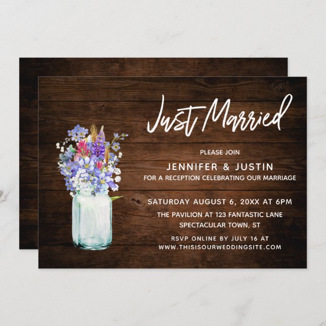 Invitation Rustic Wood vient de se marier Fleurs sauvages à M (Devant / Derrière)