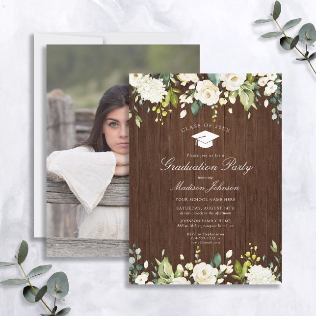 Invitation Rustic Wood White Floral Photo Party Graduation (Créateur téléchargé)
