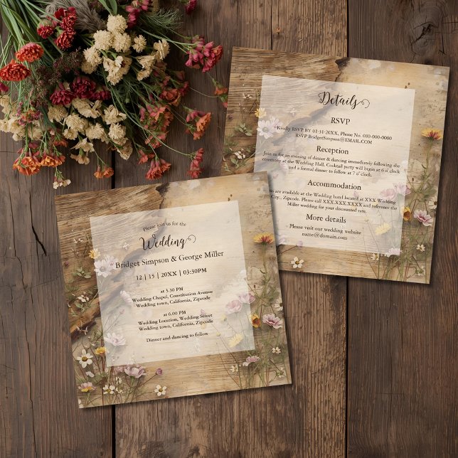 Invitation Rustic Wooden Bohemian Floral Wedding all in one  (Créateur téléchargé)