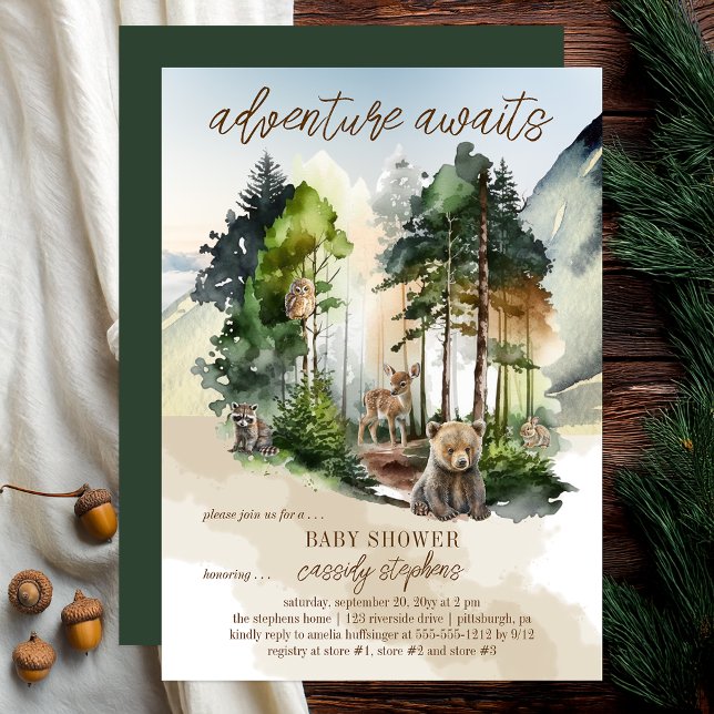 Invitation Rustic Woodland Adventure Attend Boy Baby shower ("adventure awaits" rustic woodland bear and forest animals boy baby shower design -- print | digital)