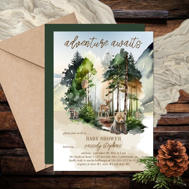 Invitation Rustic Woodland Adventure Attend Boy Baby shower ("adventure awaits" with this rustic woodland bear and forest animals boy baby shower design.)