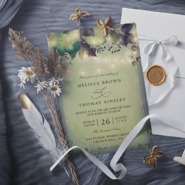 Invitation Rustic Woodland Barn String Lights QR Code Wedding (Créateur téléchargé)