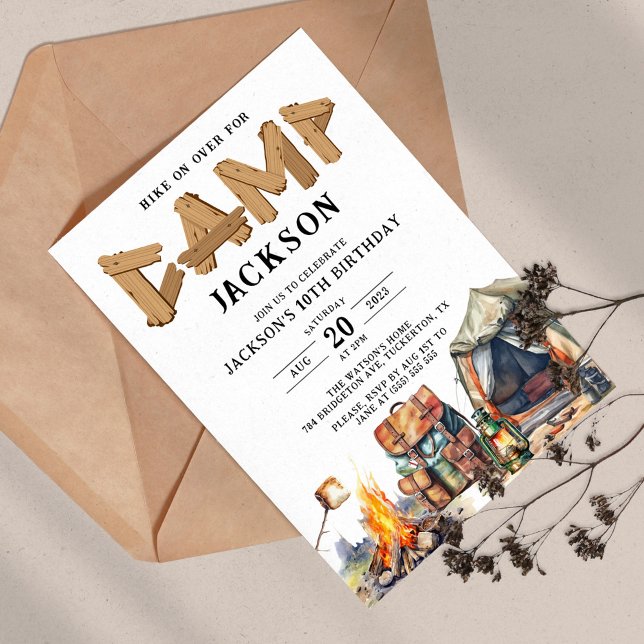 Invitation Rustic Woodland Camping Anniversaire personnalisé (Créateur téléchargé)