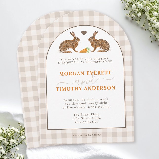 Invitation Rustic Woodland Hares On Beige Gingham Wedding (Créateur téléchargé)