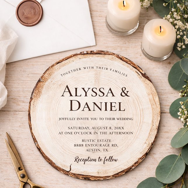 Invitation Rustic Woodland Round Wood Slice forest wedding (Rustic and unique woodland round wedding invitation card.)