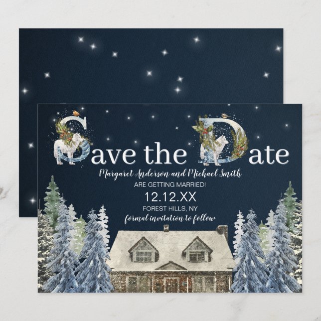 Invitation Rustic Woods Winter Wonderland Enregistrer la date (Devant / Derrière)