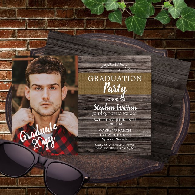 Invitation Rustic Woodsy Photo Graduation Party (Rustic Woodsy Wood Look Photo Graduation Party Invitation)