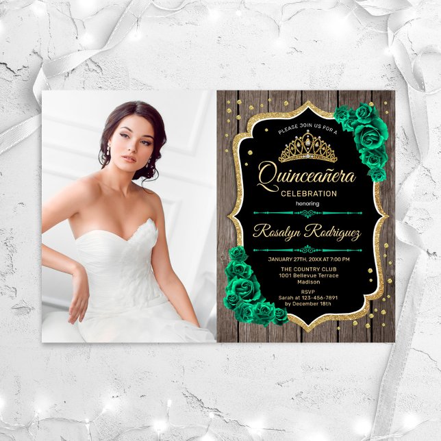 Invitation RusticEmerald Green Photo Quinceanera (Créateur téléchargé)