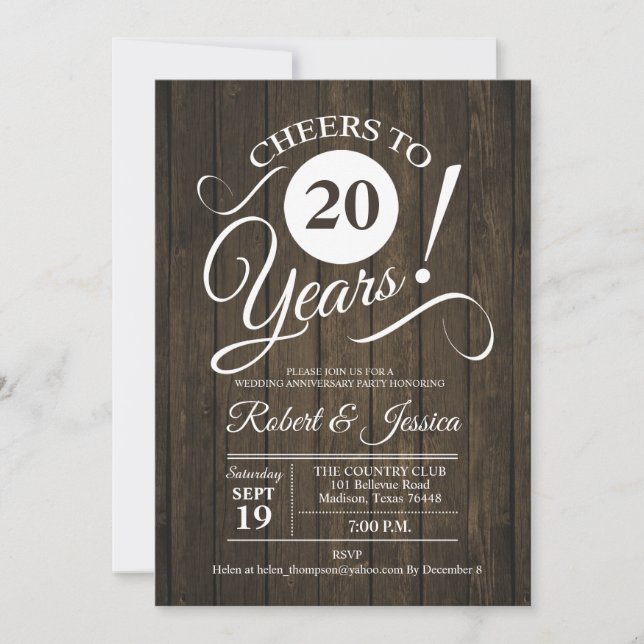 Invitation Rustique 20e anniversaire de mariage - Bois (Devant)