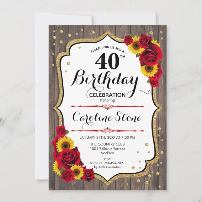 Invitation Rustique 40e anniversaire - Rose Sunflower Wood (Devant)