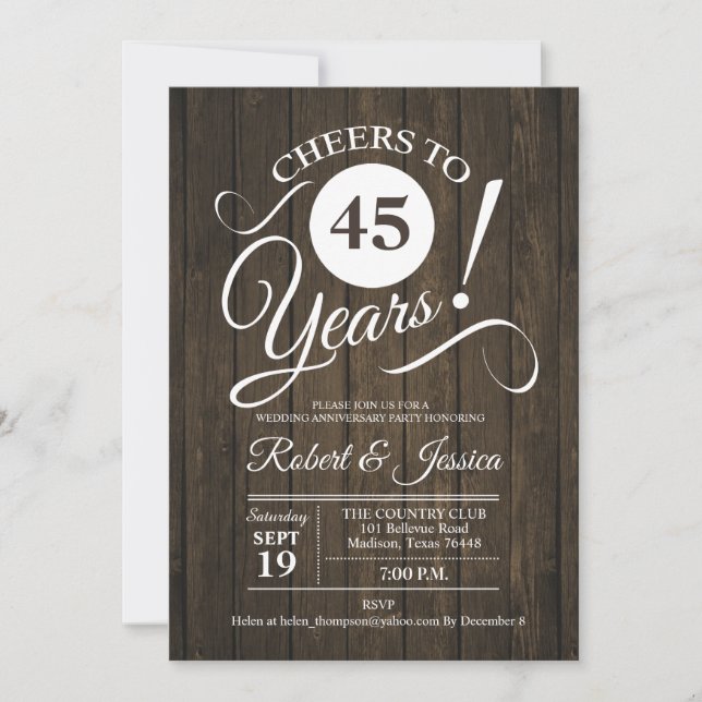 Invitation Rustique 45e anniversaire de mariage avec motif en (Devant)