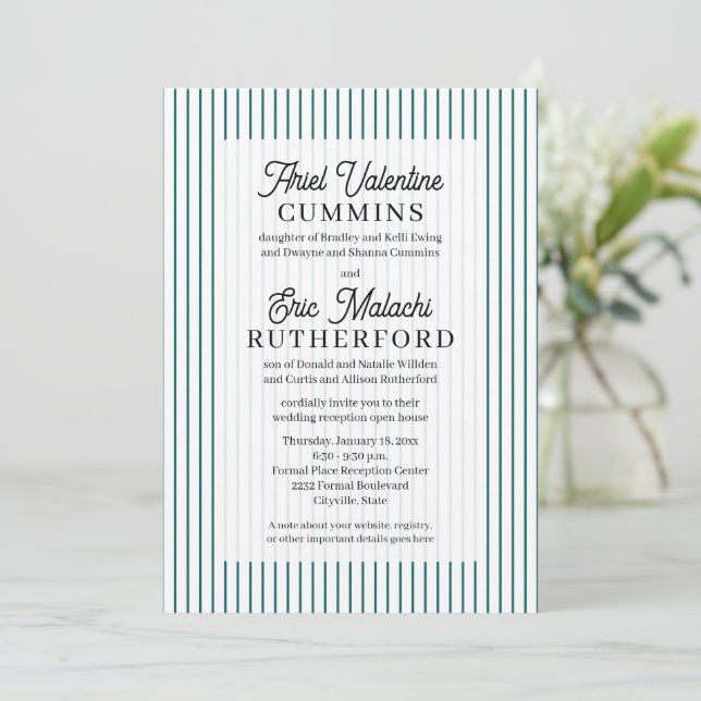 Invitation Rustique 4 jeux de parents rayure sarcelle (Debout devant)