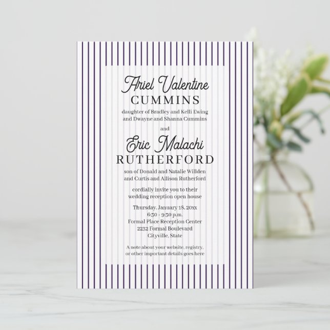 Invitation Rustique 4 jeux de parents rayure violette (Debout devant)