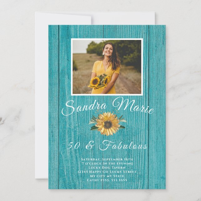 Invitation Rustique 50 et fabuleux | Tournesol Turquoise Anni (Devant)