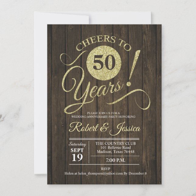 Invitation Rustique 50e anniversaire de mariage or avec bois (Devant)