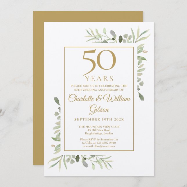 Invitation Rustique 50e Anniversaire Mariage d'or verdure (Devant / Derrière)