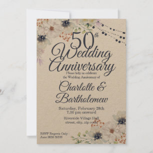 Invitation Rustique 50e anniversaire Mariage Floral Kraft