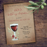Invitation Rustique 60e anniversaire Red Wine Surprise Party<br><div class="desc">Rustique 60e Anniversaire Vin Rouge Surprise Anniversaire Invitation de fête. 60e anniversaire invitation pour elle ou lui. Invitation avec un verre de vin rouge, des roses et des brindilles sur un arrière - plan rustique en papier ancien. Le texte est entièrement personnalisable - personnalisez-le avec votre nom, n'importe quel âge...</div>