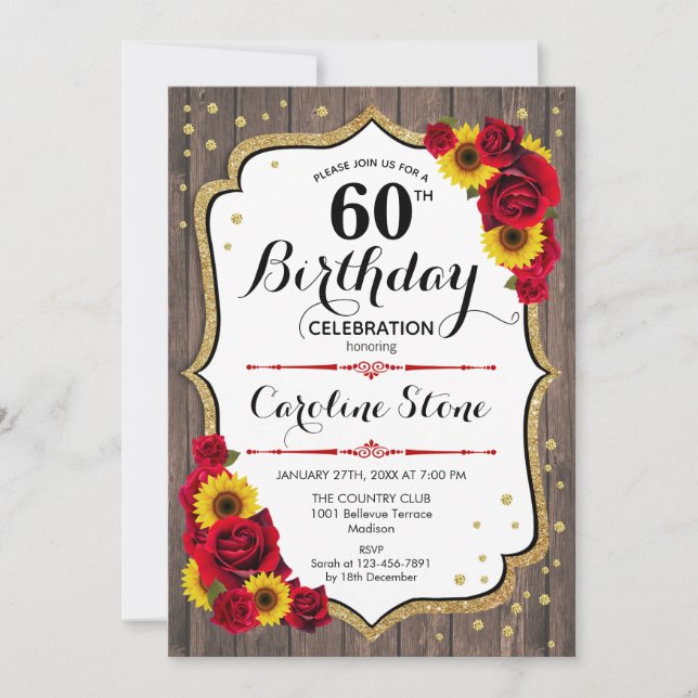 Invitation Rustique 60e anniversaire - Sunflowers Rose Wood (Devant)