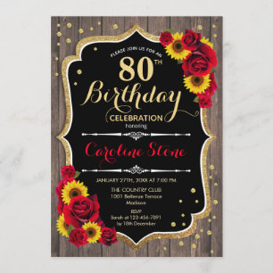 Invitation Rustique 80e anniversaire - Sunflowers Rose Wood