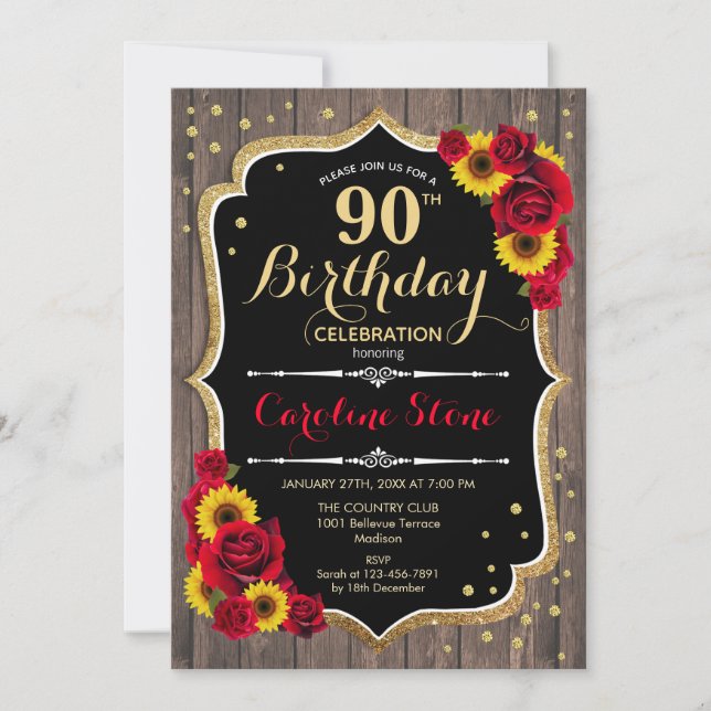 Invitation Rustique 90e anniversaire - Sunflowers Rose Wood (Devant)