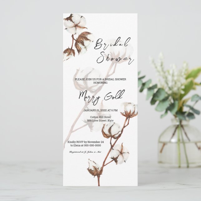Invitation Rustique aquarelle coton nuptiale Douche nuptiale  (Debout devant)