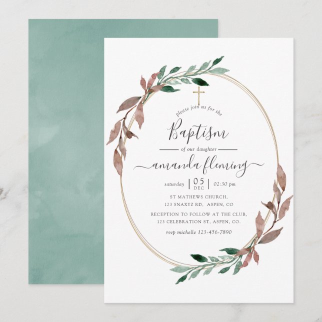 Invitation Rustique aquarelle de verdure hiver baptême (Devant / Derrière)
