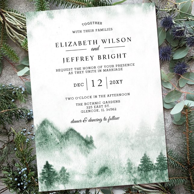 Invitation Rustique Aquarelle Montagnes Pine Mariage d'hiver (Créateur téléchargé)
