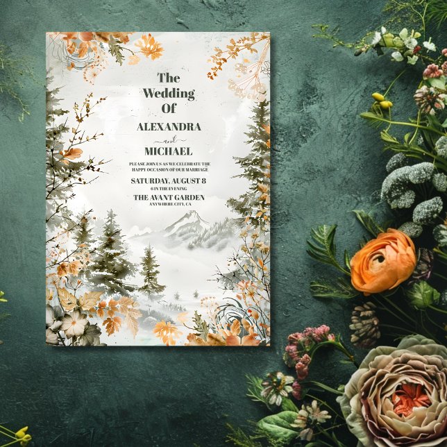 Invitation Rustique Aquarelle Montagnes Pine Mariage d'hiver (Créateur téléchargé)