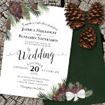 Invitation Rustique Aquarelle Pinecones Élégant Mariage d'hiv<br><div class="desc">Cette faire-part de mariage est rustique, belle, élégante et chic. Il présente une aquarelle peinte à la main avec des branches de pin vert de la forêt ou des aiguilles et des pinecones marron châtaignier. Le texte inclut la calligraphie de script dentée dans une mise en page sophistiquée. Le dos...</div>