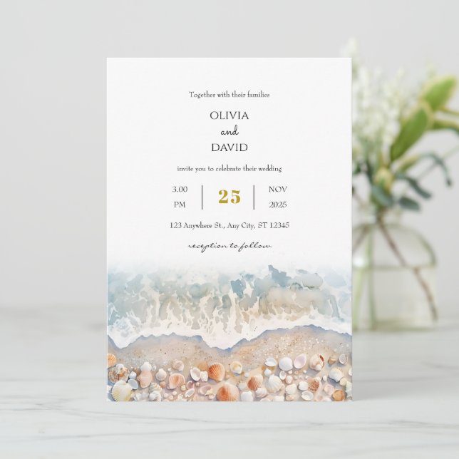 Invitation Rustique Aquarelle Shell White Sandy Beach Mariage (Debout devant)