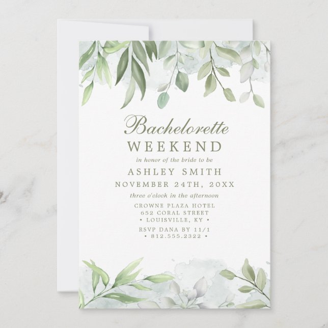 Invitation Rustique aquarelle vert week-end Bachelorette (Devant)